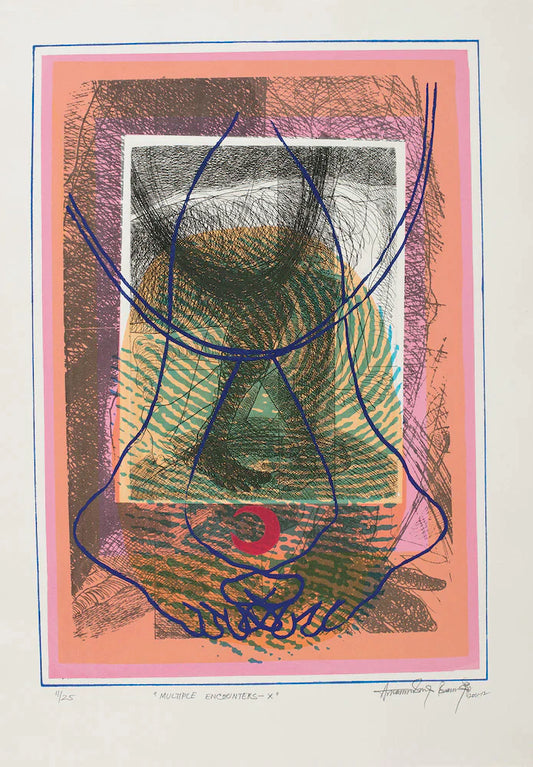 Red image of an artwork with lines and feet